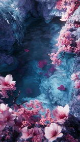 3D ethereal blossom grotto with crystalline pool focus.