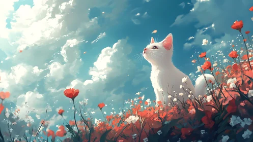 White Feline Subject in Chromatic Floral Field Under Azure Sky.