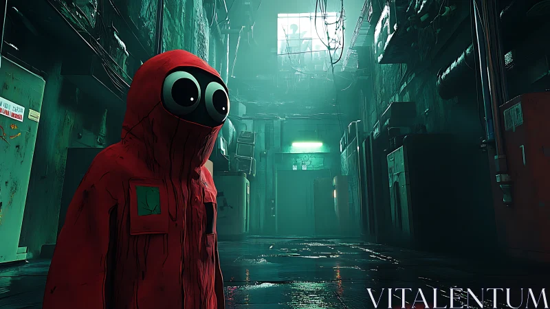 Red-hooded cartoon figure wandering neon-soaked alleyway.