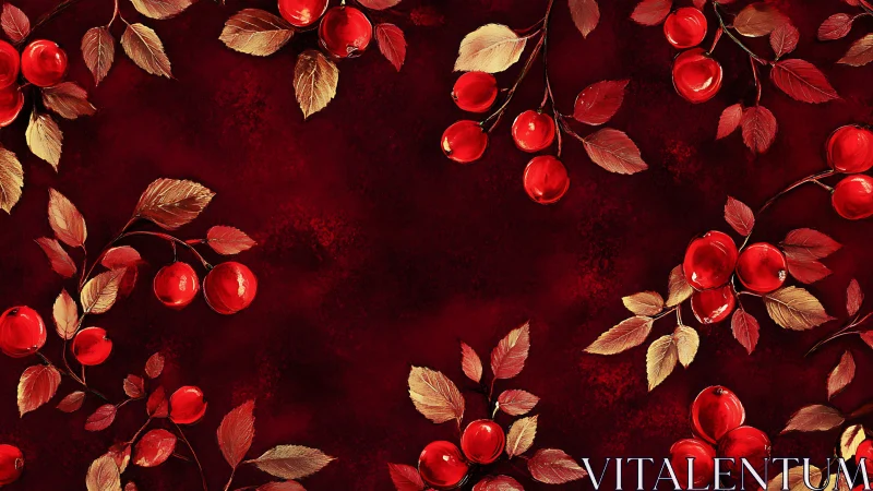 Red cherries and golden leaves frame deep crimson background
