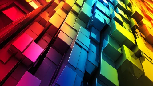 Vibrant 3D geometric cubes in rainbow spectrum, digital abstract art.