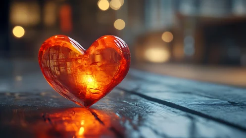 Radiant glass heart glowing with warm light on wet pavement.