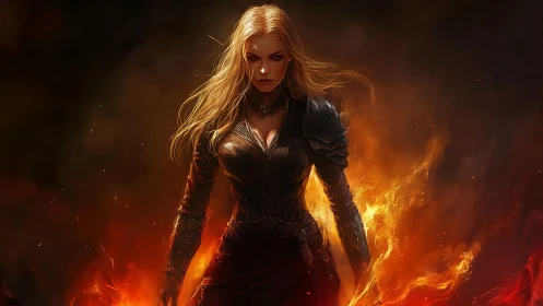 Armored blonde warrior stands in engulfing orange fire