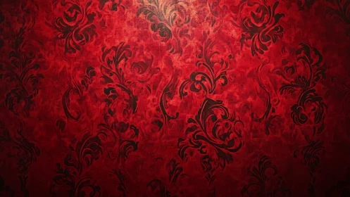 Red textured wallpaper shows dark ornamental flourishes