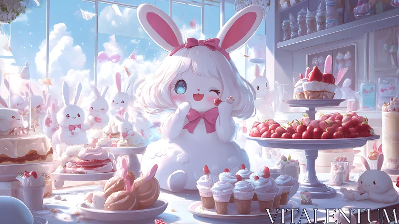 Sugar-cloud bunny hostess orchestrates a pastel dessert dream
