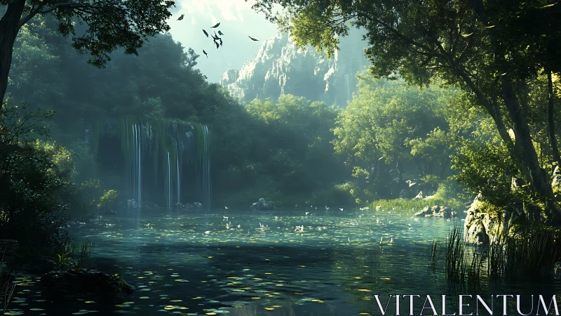 Peaceful forest waterfall pond bathed in gentle morning light.