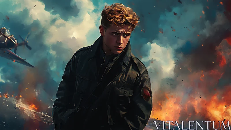 Digital painting of WWII pilot in cinematic battle tableau.