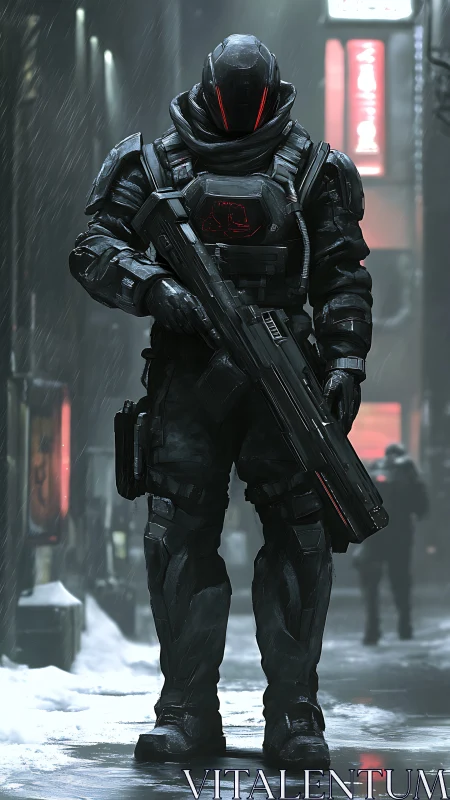 Cyberpunk tactical guardian in neon-soaked urban snowfall scene.