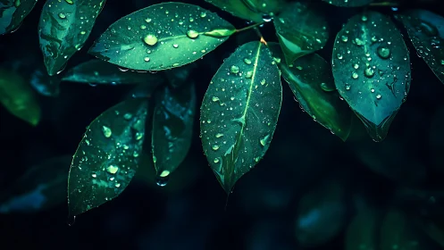 Macro foliage study with rain-soaked emerald leaves at dusk.
