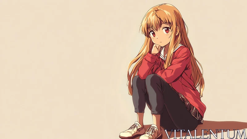 Quiet anime girl sits in soft light with pensive calm