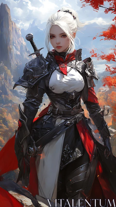 Armored silver‑haired swordswoman in alpine autumn battleground.