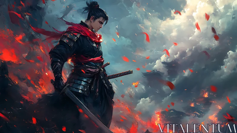 Lone warrior in crimson calm amid storm and swirling fire.