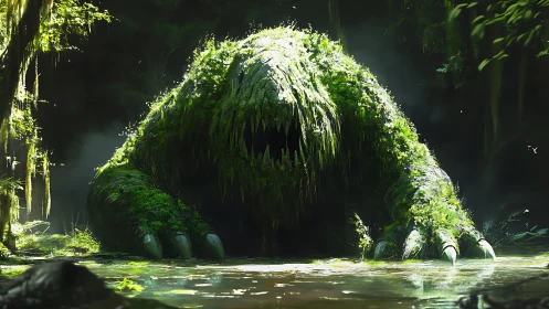Moss-covered swamp beast emerges from shadowed forest pond