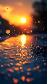Liquid sunset bokeh with suspended droplets in motion.