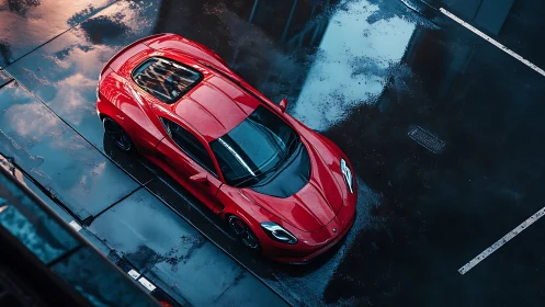 Overhead study of red sports coupe on wet reflective asphalt surface