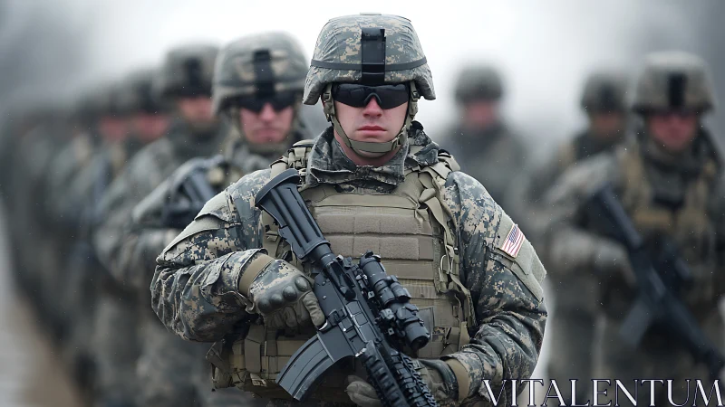 Soldier in combat gear leads formation during field march