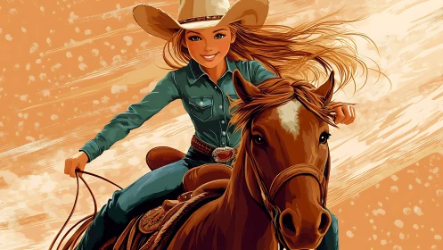 Young rider controls horse in stylized western illustration
