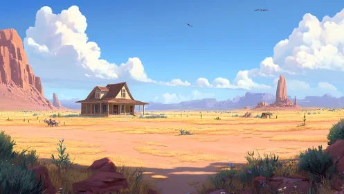 Quiet desert homestead under bright, storybook skies.