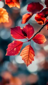 Crimson autumn leaves with shallow depth and cool bokeh glow.