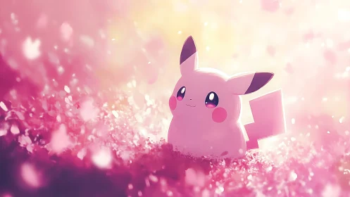 Pastel pink electric creature in glowing bokeh blossom field