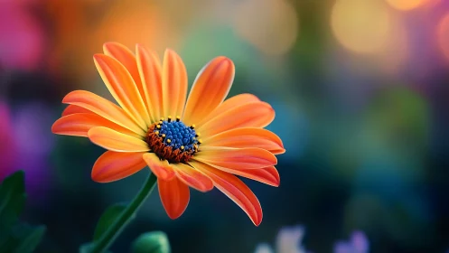 Vibrant Orange Gerbera Daisy Centered Against Colorful Blurred Background