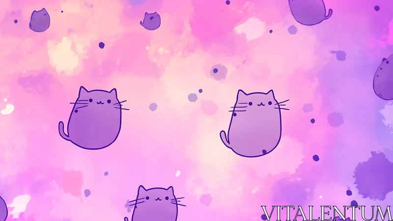 Cute Purple Cats Floating in Dreamy Pink Pastel Clouds