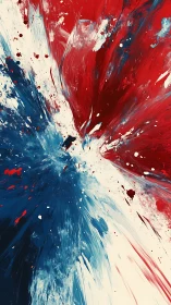 Vertical abstract canvas with intersecting red and blue paint.