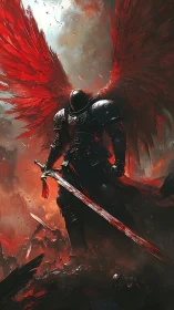 Armored fallen angel with bloodlit sword dominates burning field