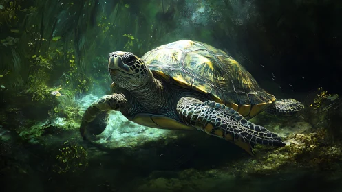 Sea turtle glides through emerald-lit underwater forest.