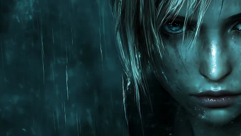 Rain-soaked cyber stare, where stormlight sharpens resolve.