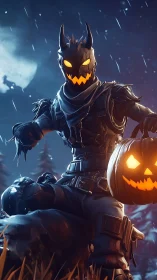 Armored pumpkin-headed night warrior under moonlit rain