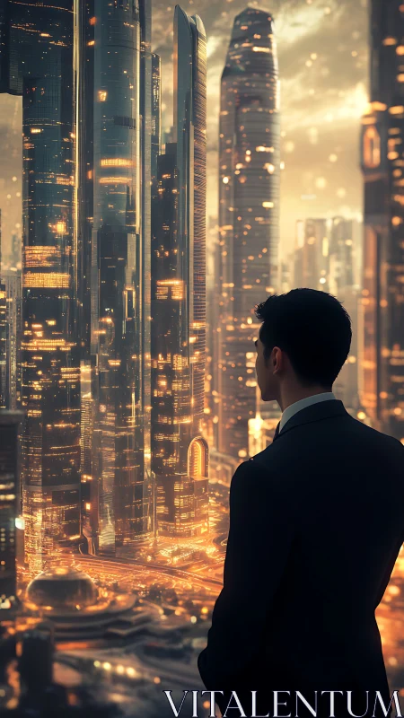 Man Gazes Golden Urban Skyline at Dusk.