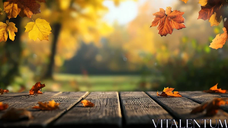 Golden leaves waltz above weathered wooden autumn table.
