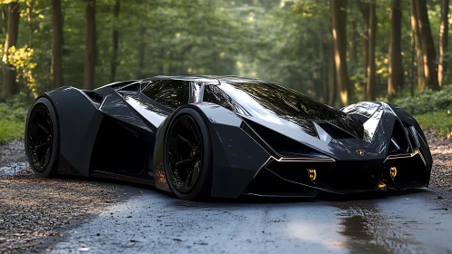 Futuristic black concept supercar is parked on a forest road