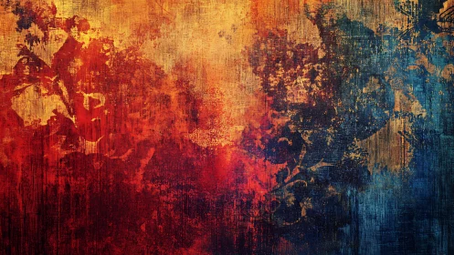 Vibrant Abstract Grunge Texture with Red, Blue, and Gold Tones.