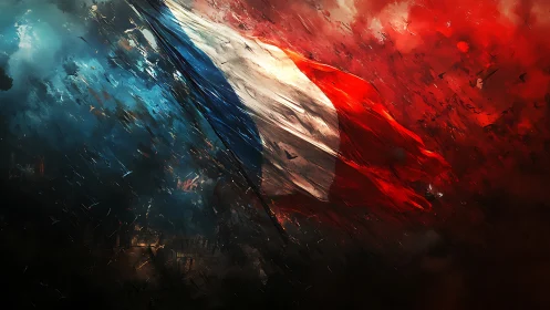 French flag surges through storm of red and blue light.