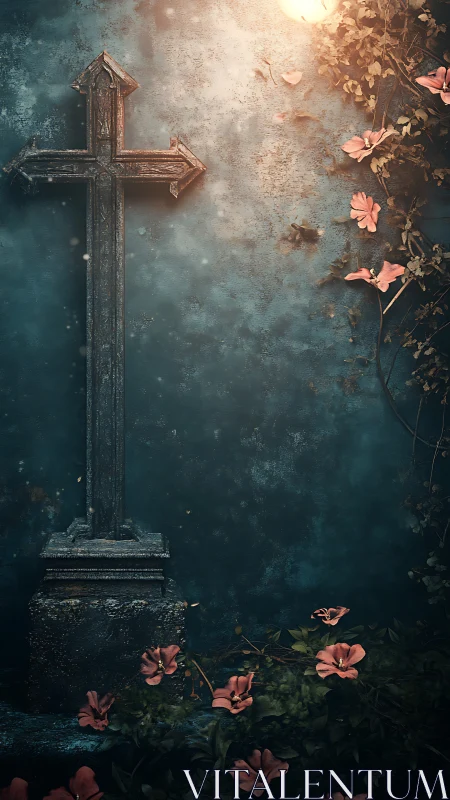 Weathered stone cross with gentle flowers and soft light.