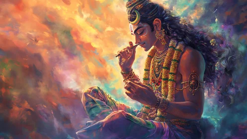 Divine musician in vibrant spiritual digital artwork.