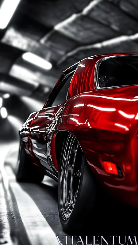 Red muscle car cuts tunnel with chrome reflections blazing.