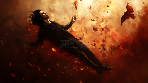 Man falling through fiery sky with red leaves and bird.