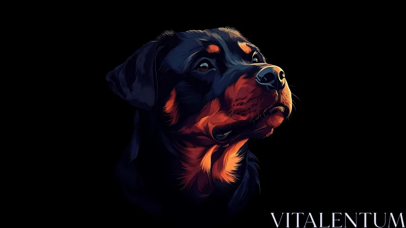 Rottweiler portrait glows in bold neon highlights on black.