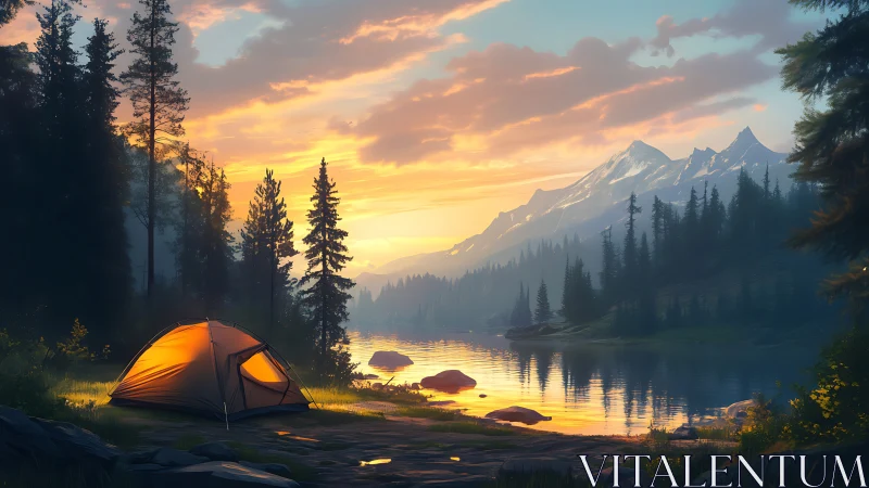 Cozy riverside tent glowing beneath a pastel mountain sunrise.