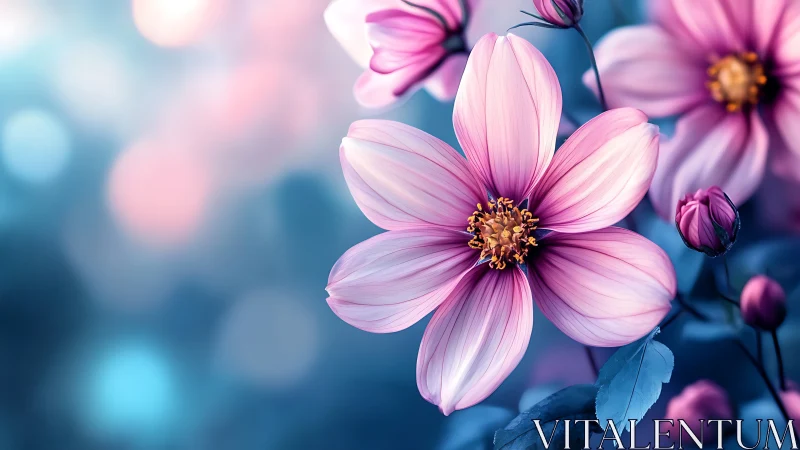 Pink cosmos flowers with golden stamens in soft focus blue background