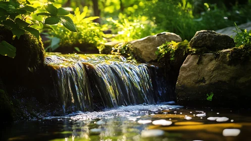 Tranquil forest stream with lush greenery and sunlight, realistic style.