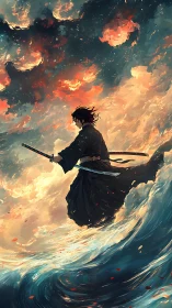 Stormsong ronin strides the burning sky-tide horizon.