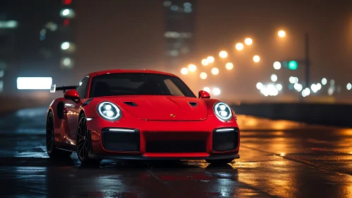 Red sports coupe stands under urban night bokeh illumination