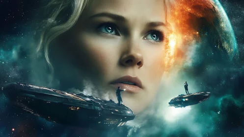 Female astronaut consciousness merges with cosmic starfield