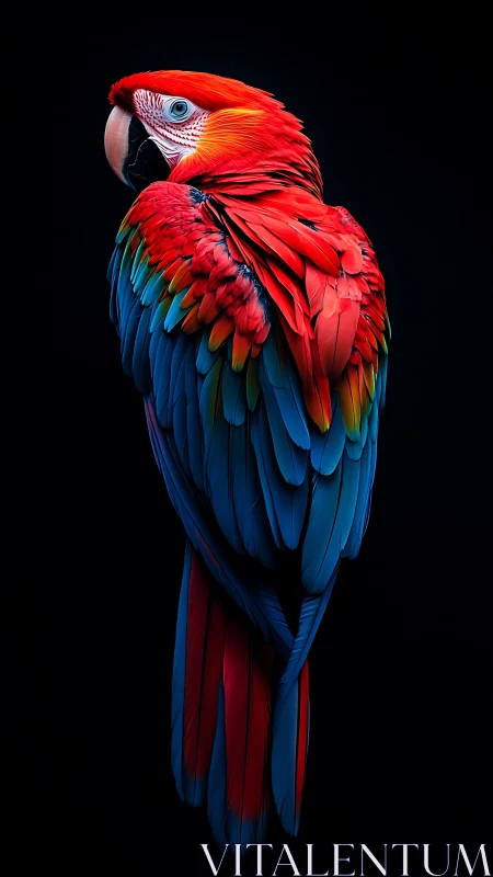Scarlet macaw portrait shows saturated plumage on black