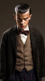 Young person in vintage formal clothing facing camera.