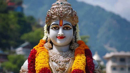 Hindu deity sculpture with floral garlands in mountain shrine.